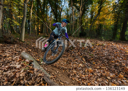 Autumn Forest Mountain Bike Rider Navigates Leaf-Covered Trail in Dynamic Action Shot 136123149