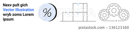Finance, logistics, industry workflow, process optimization, data analysis, percentage calculation. Minimalist design with percentage symbol, stacked boxes and gear outlines. Finance and logistics Finance, logistics, industry workflow, process optimization, data analysis, percentage calculation. Minimalist design with percentage symbol, stacked boxes and gear outlines. Finance and logistics 136123160
