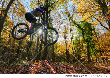 Autumn Mountain Biker Leaps Over Leaf Pile on Sunny Forest Trail, Capturing Dynamic Outdoor Action 136123167