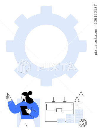 Business strategy, workflow optimization, financial growth, team collaboration, corporate planning, revenue analysis. Gear symbol, woman with tablet charts and briefcase. Business strategy Business strategy, workflow optimization, financial growth, team collaboration, corporate planning, revenue analysis. Gear symbol, woman with tablet charts and briefcase. Business strategy 136123187