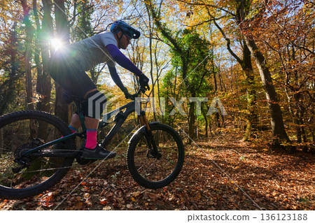 Autumn Mountain Biker Riding Through Sunlit Forest Trails in Fall Colors and Adventure Autumn Mountain Biker Riding Through Sunlit Forest Trails in Fall Colors and Adventure 136123188