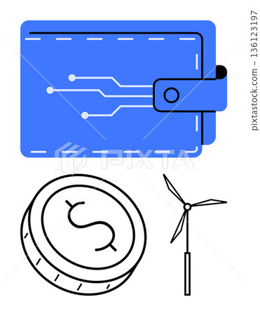 Financial technology, renewable energy, digital transactions, sustainability, eco-finance, blockchain. Blue digital wallet, coin with dollar sign wind turbine. Financial technology and renewable 136123197