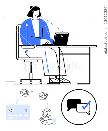 Remote work, secure payment, financial planning, online chatting, ecommerce, digital tools. Person typing on laptop. Remote work and secure payment concept illustrated with graphics 136123204
