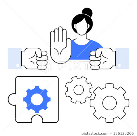 Business ethics, teamwork, collaboration, problem-solving, workflow, integrity. Woman raising hand with puzzle piece and gears below. Business ethics and teamwork concept 136123206