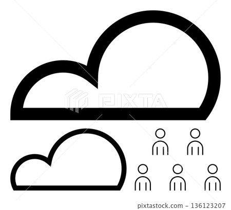 Cloud storage, data sharing, IT solutions, digital networking, team collaboration, online communication. Two cloud icons and six human figures. Cloud storage and data sharing concepts illustrated 136123207