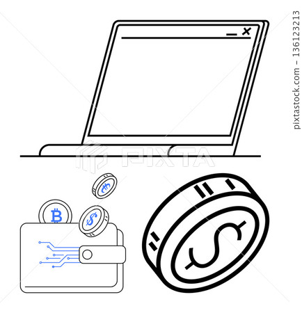 Cryptocurrency, blockchain technology, financial transactions, digital economy, e-wallets, online payments. A laptop, digital wallet coins with blockchain symbols. Cryptocurrency and blockchain 136123213