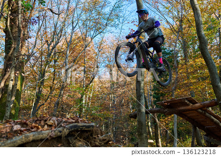Mountain Bike Rider Jumping Over Ramp in Autumn Forest Trail Adventure 136123218