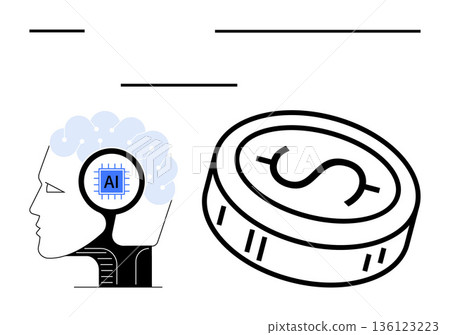 Artificial intelligence, machine learning, financial technology, digital economy, data-driven innovation, economic analysis. Brain with AI chip next to a dollar coin symbol. AI and financial Artificial intelligence, machine learning, financial technology, digital economy, data-driven innovation, economic analysis. Brain with AI chip next to a dollar coin symbol. AI and financial 136123223