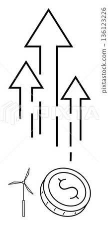 Renewable energy, financial growth, eco-friendly investments, sustainability development, innovation, economic trends. Arrows rising, coin with dollar symbol windmill icon. Renewable energy Renewable energy, financial growth, eco-friendly investments, sustainability development, innovation, economic trends. Arrows rising, coin with dollar symbol windmill icon. Renewable energy 136123226
