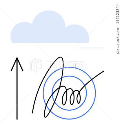 Cloud computing, data management, digital transformation, remote access, innovation, online storage. Abstract arrow, digital signature and cloud with circular targets. Cloud computing and data Cloud computing, data management, digital transformation, remote access, innovation, online storage. Abstract arrow, digital signature and cloud with circular targets. Cloud computing and data 136123244