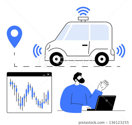 Smart transportation, autonomous driving, navigation systems, data visualization, driver monitoring, future mobility. Driver using a laptop with a VR headset beside signals of an autonomous car Smart transportation, autonomous driving, navigation systems, data visualization, driver monitoring, future mobility. Driver using a laptop with a VR headset beside signals of an autonomous car 136123255