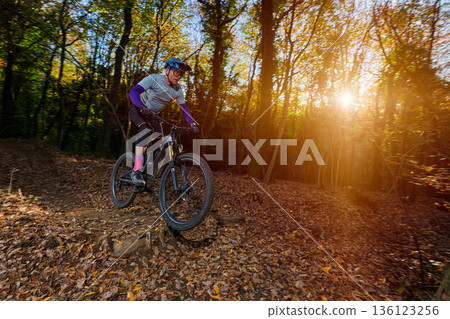 Mountain Biker Races Through Autumn Forest Trail at Sunset Light Mountain Biker Races Through Autumn Forest Trail at Sunset Light 136123256
