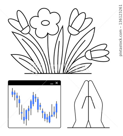 Nature, financial analytics, spirituality, growth, mindfulness, data analysis. ion includes flowers, a stock chart and praying hands. Nature and financial analytics growth potential 136123261