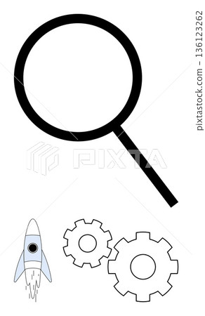 Research, innovation, technology, business strategy, startup development, problem-solving. Magnifying glass above a rocket and gears. Research and innovation concept 136123262