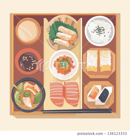 Delicious Japanese Cuisine Platter with Sushi and Sides 136123333