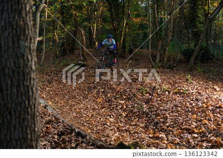 Mountain Biker Navigates Forest Trail Amid Autumn Leaves and Dappled Sunlight On Challenging Singletrack Ride Mountain Biker Navigates Forest Trail Amid Autumn Leaves and Dappled Sunlight On Challenging Singletrack Ride 136123342