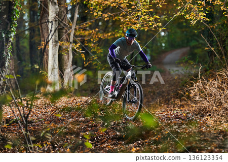 Autumn Forest Mountain Bike Rider On Dusty Trail With Dappled Sunlight And Gear Adventure 136123354