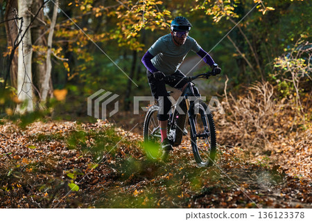 Autumn Mountain Biker Rides Through Forest Trail Wearing Helmet And Protective Gear Autumn Mountain Biker Rides Through Forest Trail Wearing Helmet And Protective Gear 136123378