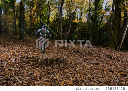 Autumn Forest Mountain Biker Navigates Leafy Trail Amid Dappled Sunlight and Quiet Woods Autumn Forest Mountain Biker Navigates Leafy Trail Amid Dappled Sunlight and Quiet Woods 136123426