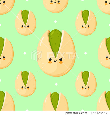 Cute cartoon pistachio nuts seamless pattern on green background Cute cartoon pistachio nuts seamless pattern on green background 136123437