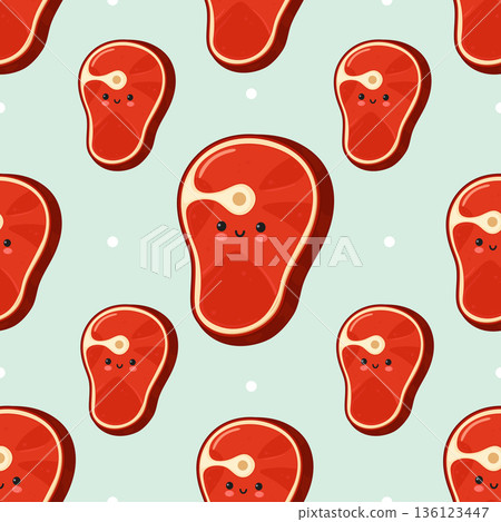 Cute smiling beef steaks seamless pattern background Cute smiling beef steaks seamless pattern background 136123447