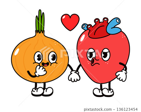 Cartoon onion and anatomical heart couple falling in love 136123454