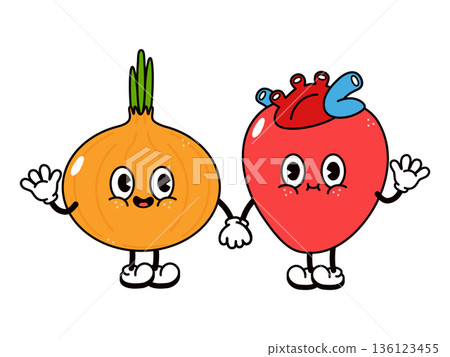 Cartoon onion and heart characters holding hands 136123455