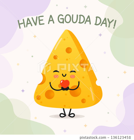 Cute cartoon Gouda cheese slice wishing a good day Cute cartoon Gouda cheese slice wishing a good day 136123458