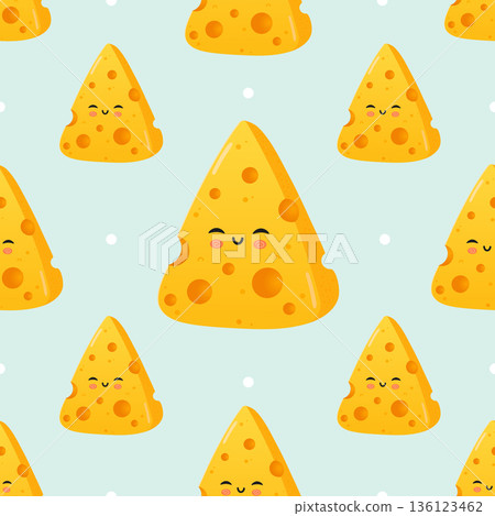 Smiling kawaii cheese triangles seamless pattern on light blue background 136123462