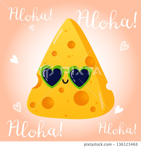 Cute cheese wearing heart sunglasses with aloha greeting Cute cheese wearing heart sunglasses with aloha greeting 136123468