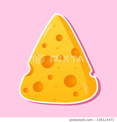 Yellow swiss cheese wedge with holes sticker on pink background Yellow swiss cheese wedge with holes sticker on pink background 136123471