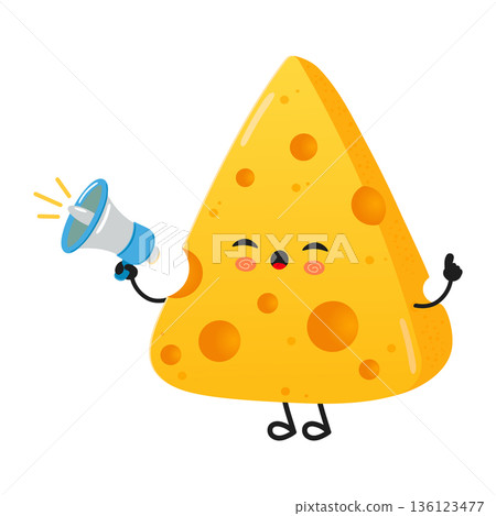 Cheese character shouting through megaphone making announcement 136123477