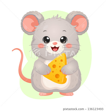 Cute cartoon mouse holding a piece of cheese smiling Cute cartoon mouse holding a piece of cheese smiling 136123493