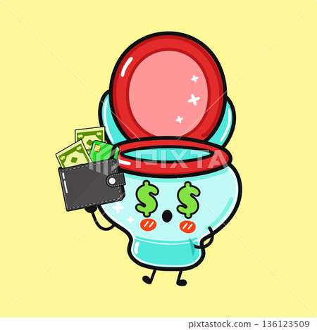 Toilet character holding wallet full of money, wasting finance Toilet character holding wallet full of money, wasting finance 136123509