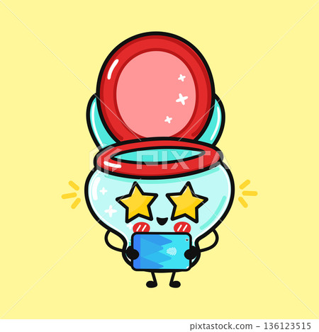 Cute toilet character holding smartphone with star eyes 136123515
