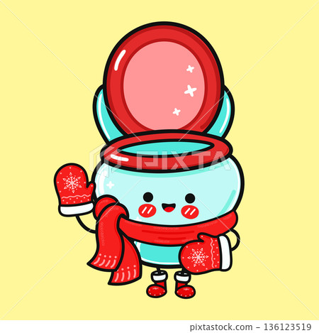 Cute cartoon toilet wearing winter clothes waving hand Cute cartoon toilet wearing winter clothes waving hand 136123519