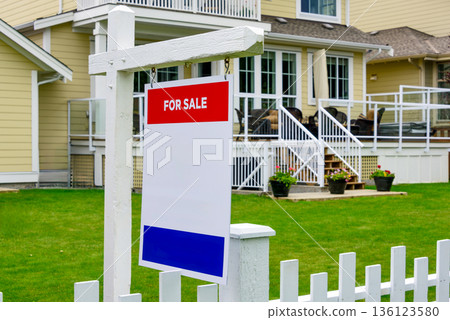 Perfect neighbourhood. Family residential house for sale on summer day in British Columbia 136123580