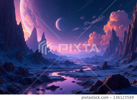 The image shows high mountains, a river or stream, and several planets in the night sky 136123589
