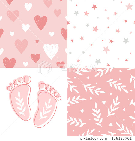 Set of baby girl seamless patterns. Hearts, footprints, stars, and leaves. Also can be used as one patchwork seamless background. Vector illustration 136123701
