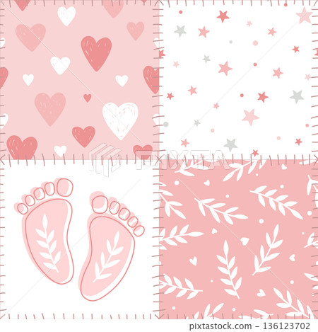 Seamless patchwork pattern with kawaii newborn girl pastel symbols and stylized sews. Hearts, footprints, stars, and leaves. Vector illustration. 136123702