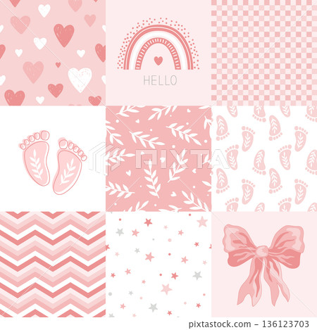 Seamless patchwork pattern with kawaii newborn girl pastel symbols. Hearts, footprints, bow, rainbow, stars, and leaves. Vector illustration 136123703