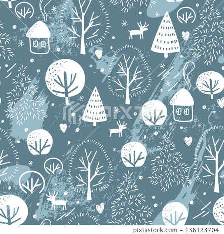 Seamless pattern with icy wood. Frosty snowy forest winter background. Hand drawing Vector illustration. Seamless pattern with icy wood. Frosty snowy forest winter background. Hand drawing Vector illustration. 136123704