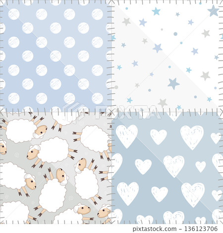 Seamless patchwork pattern with kawaii newborn boy pastel symbols and stylized sews. Hearts, sheep, stars, and polka dot background. Vector illustration Seamless patchwork pattern with kawaii newborn boy pastel symbols and stylized sews. Hearts, sheep, stars, and polka dot background. Vector illustration 136123706