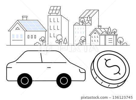 Sustainable energy, eco-friendly living, green transportation, renewable resources, cost efficiency, financial planning. Solar-panel buildings, car coin symbol. Sustainable energy and eco-friendly 136123745