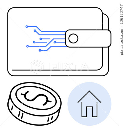 Cryptocurrency, fintech, blockchain, electronic payments, investment, finance. Digital wallet with circuit lines, coin with dollar sign minimal home icon. Cryptocurrency and fintech illustrated Cryptocurrency, fintech, blockchain, electronic payments, investment, finance. Digital wallet with circuit lines, coin with dollar sign minimal home icon. Cryptocurrency and fintech illustrated 136123747