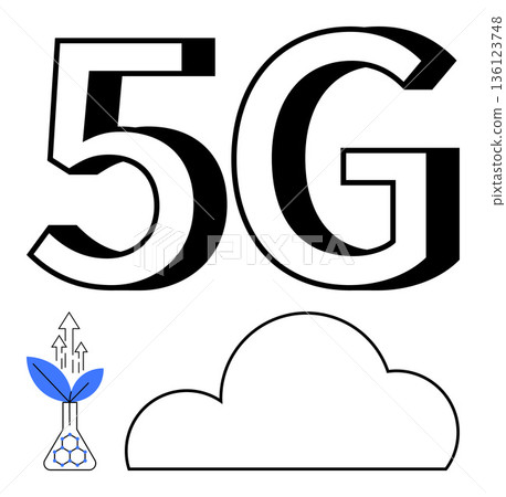 5G networks, sustainable technology, innovation, cloud computing, connectivity, future technology. Large 5G text, a cloud and a plant in a flask eco-friendliness. 5G networks and sustainable 136123748