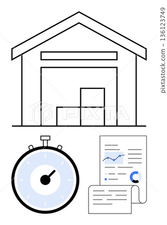 Logistics, supply chain, time management, delivery systems, inventory tracking, warehouse planning. A warehouse, stopwatch and documents with graphs. Logistics and supply chain concepts Logistics, supply chain, time management, delivery systems, inventory tracking, warehouse planning. A warehouse, stopwatch and documents with graphs. Logistics and supply chain concepts 136123749