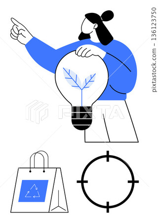 Sustainability, ecological solutions, eco-awareness, renewable energy, recycling, innovation. Person holding light bulb with plant symbol, shopping bag with recycling logo, and target symbol 136123750