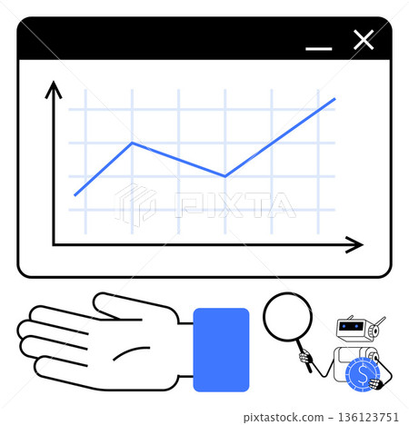 Data analytics, revenue growth, financial planning, business strategy, artificial intelligence, robotics. Rising line graph with hand, robot and magnifying glass. Data analytics and revenue growth Data analytics, revenue growth, financial planning, business strategy, artificial intelligence, robotics. Rising line graph with hand, robot and magnifying glass. Data analytics and revenue growth 136123751