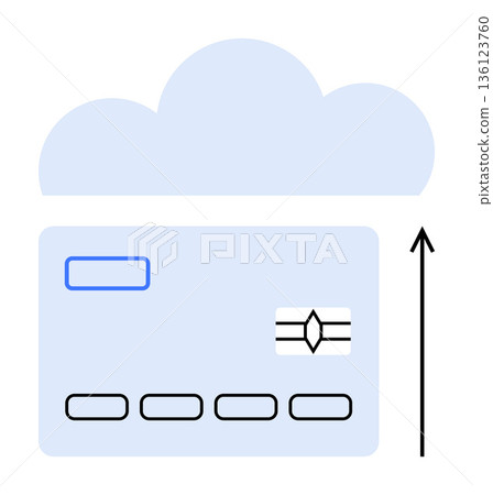 Digital banking, cloud technology, online payments, data security, fintech innovation, ecommerce. Credit card below a cloud icon with an upward arrow. Digital banking and cloud technology concept 136123760
